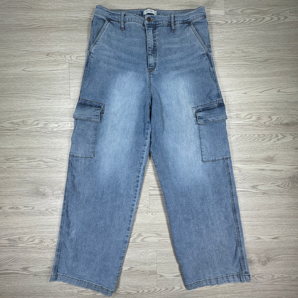 Jessica Simpson Women's Jeans Cargo Wide Leg Blue 16/33‎ High Rise Denim Pockets